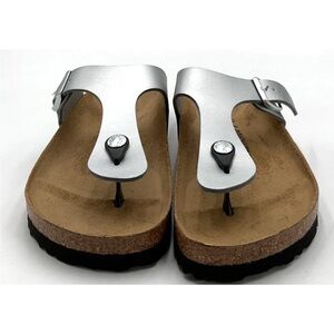 Birkenstock Silver Sandals with Tan Footbed